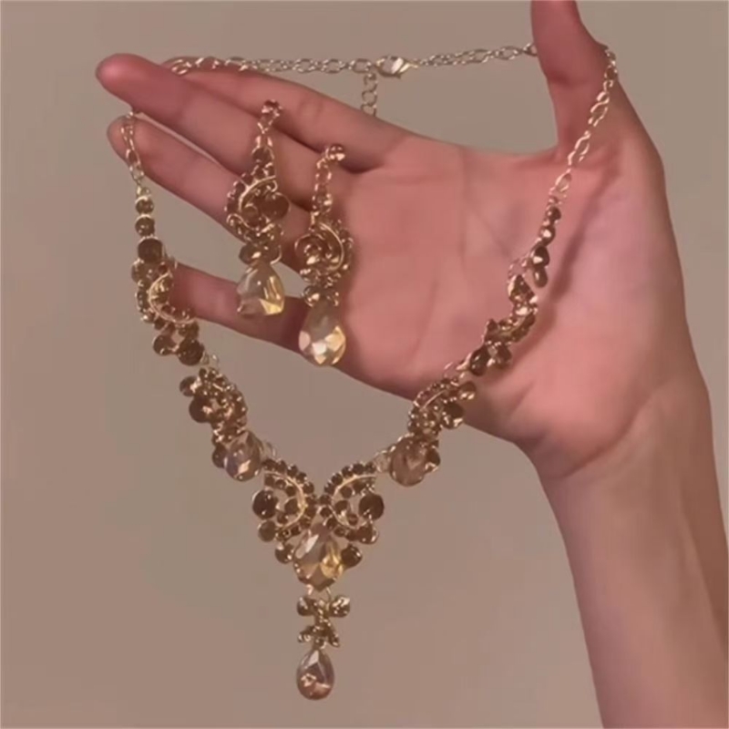 zoozmomo欧美夸张香槟色水滴流苏闪钻项链耳环女新娘首饰礼服配饰