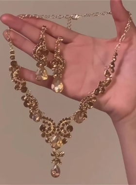 zoozmomo欧美夸张香槟色水滴流苏闪钻项链耳环女新娘首饰礼服配饰