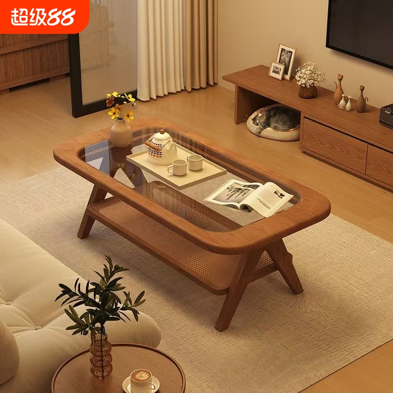 实木茶几客厅家用藤编玻璃喝茶桌子2025新款高级感小户型阳台茶桌