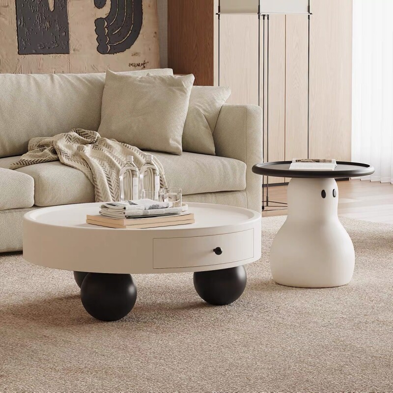 雪人茶几奶油风圆形意式茶几烤漆组合客厅家用小户型储物小圆茶几