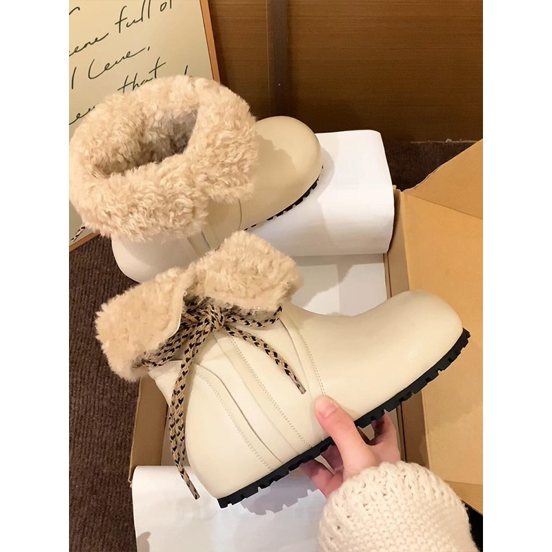 5CM内增高~真皮两穿厚底雪地靴女冬美拉德小短靴加绒保暖毛毛棉鞋