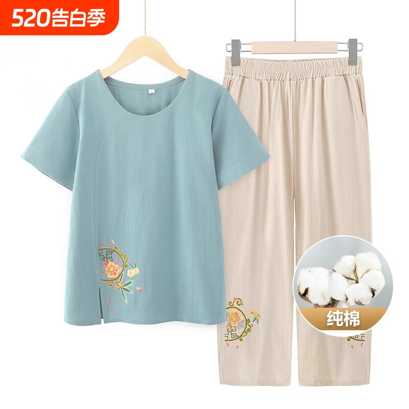妈妈装夏套装中老年人纯棉短袖T恤女50岁舒适宽松上衣奶奶衣服60