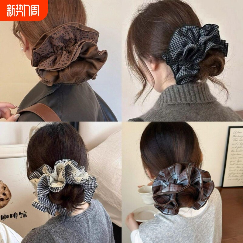 韩系格子蕾丝大肠发圈女豹纹风头花发绳超大丸子头发饰高级感头饰