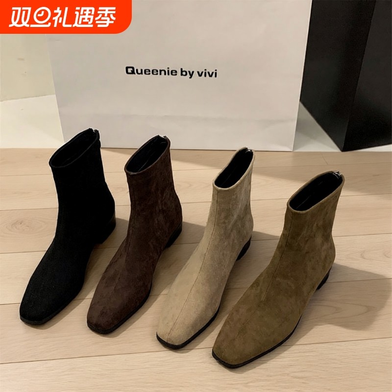 粗跟绒面时装靴女秋冬踝靴瘦瘦靴子女短靴女杏色卡其色黑色圆头