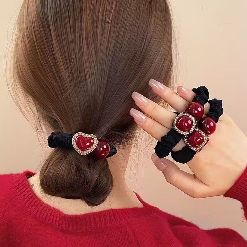 韩版高档红色爱心小肠发圈女网红扎丸子头马尾发绳2026年新款头饰
