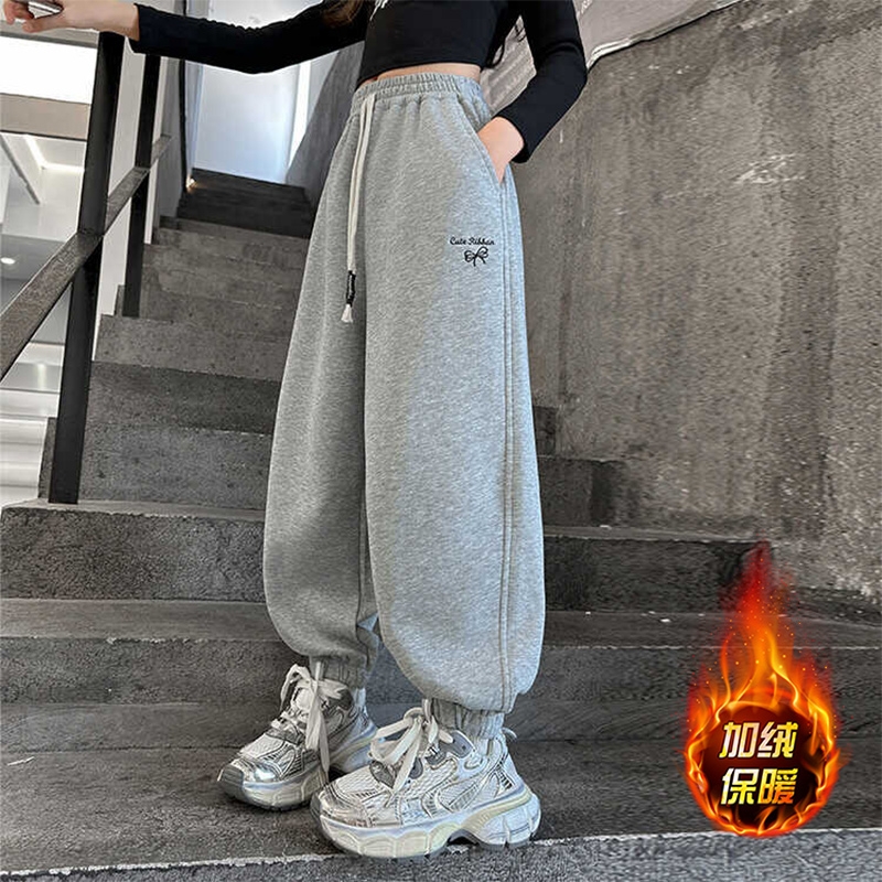 女童运动裤秋冬款2025新款儿童加绒卫裤女孩休闲裤子冬装长裤粉色