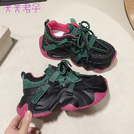 7cm拼色小个子厚底老爹鞋女2026春夏新款轻便百搭增高休闲运动鞋