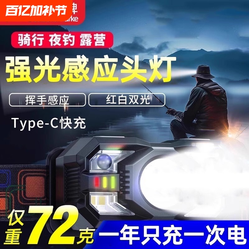 德国夜钓鱼专用头灯2026新款强光感应户外超长续航100小时头戴式