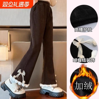 女童加绒裤子秋冬2025新款儿童春女孩一体羊羔绒裤加厚喇叭裤洋气