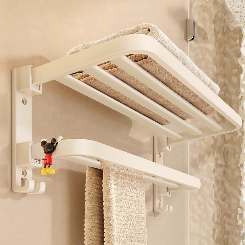 卫生间置物架浴室毛巾架免打孔浴巾奶油风可折叠收纳挂杆架子马桶