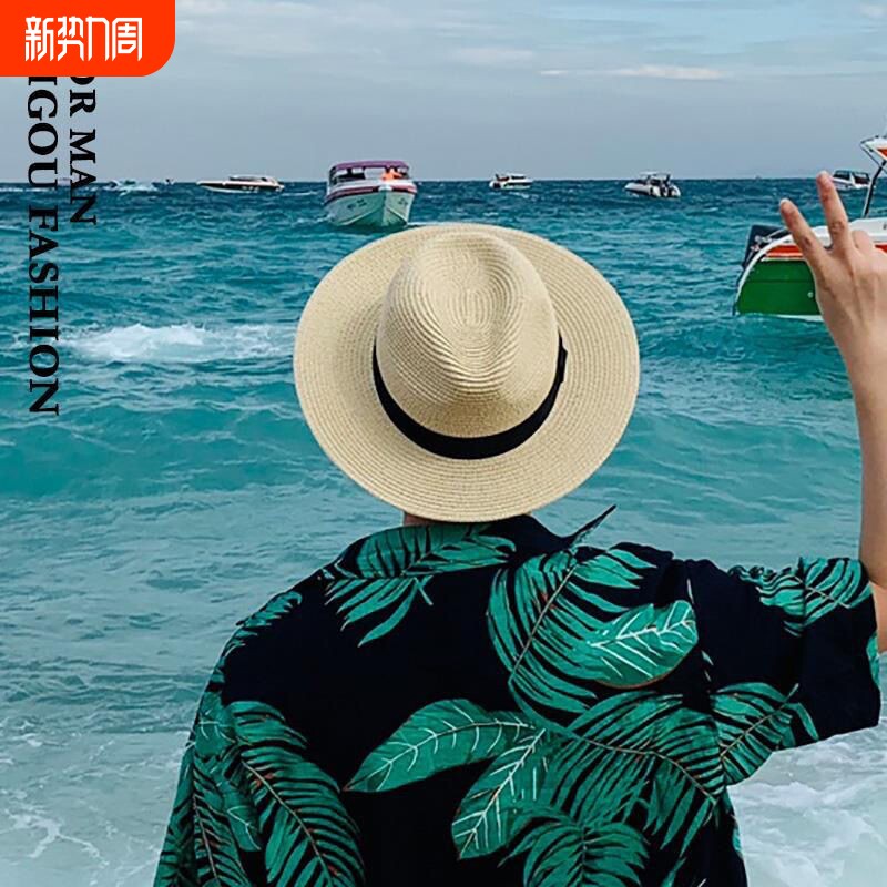 夏季薄款帽子巴拿马草帽法式帽男士高档户外遮阳防晒帽款白色大檐