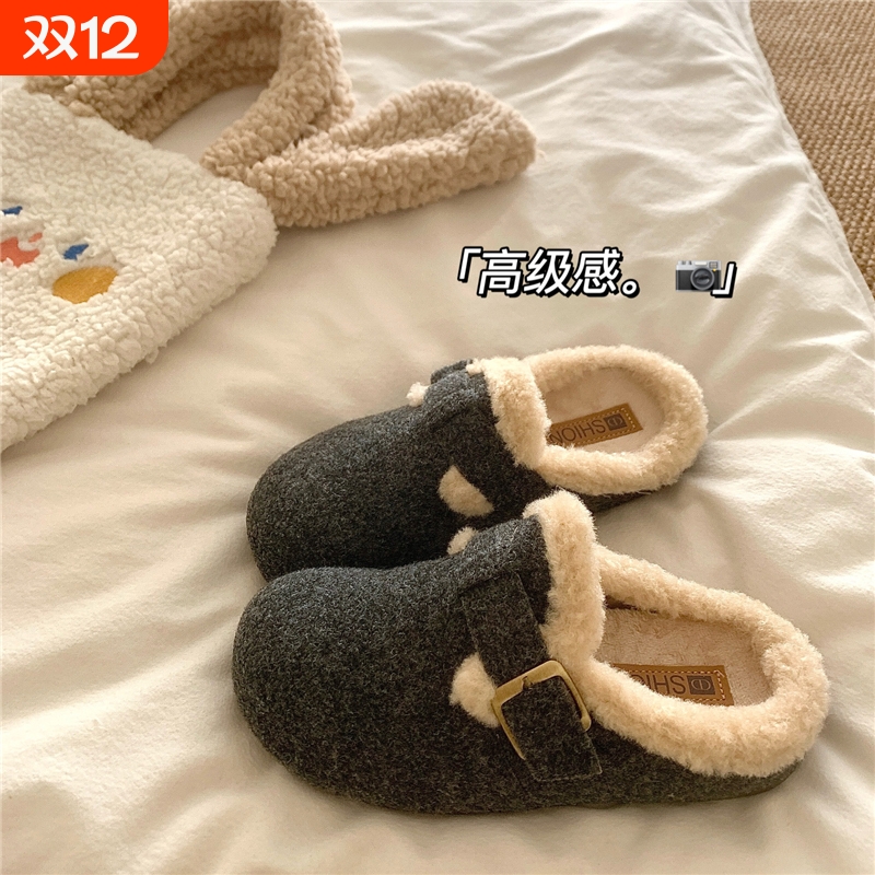 混色花灰~！洋气自留毛呢勃肯棉拖鞋加绒外穿厚底冬季ins毛毛拖鞋