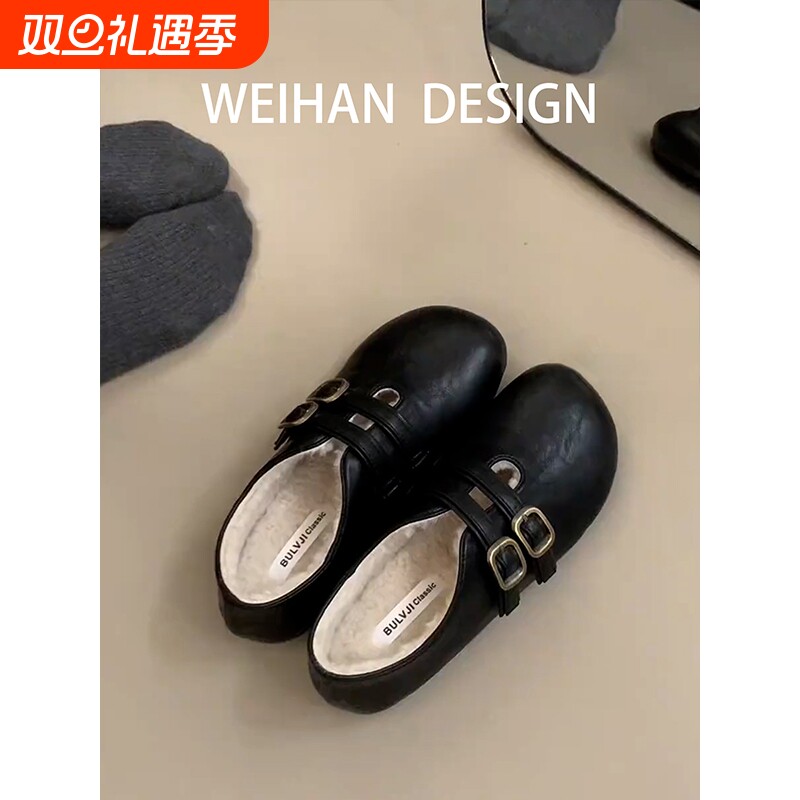 牛皮版！复古加绒勃肯鞋女平底毛毛鞋保暖玛丽珍豆豆鞋外穿小皮鞋