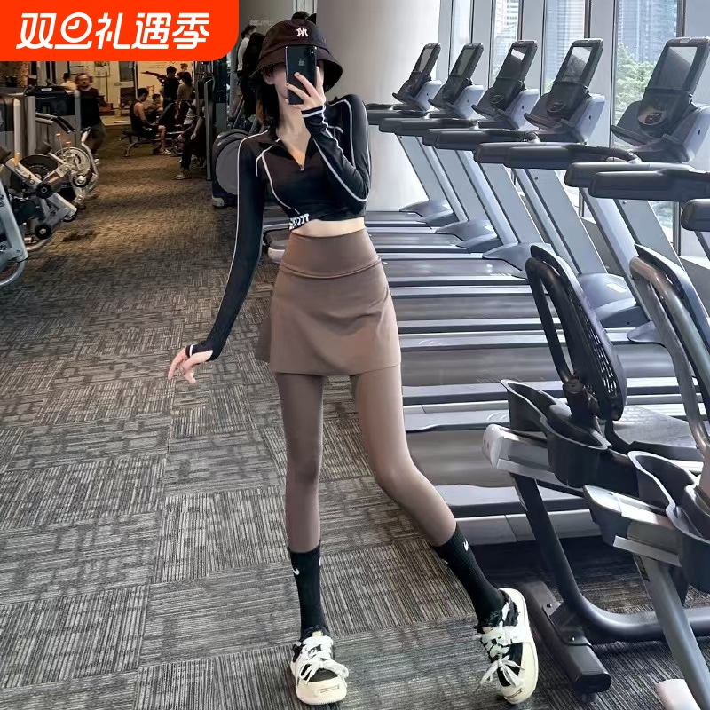健身女孩假两件遮臀瑜伽裙裤高腰防走光外穿羽毛球服跑步运动长裤