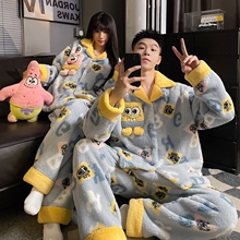 秋冬季海绵宝宝情侣睡衣女款珊瑚绒加绒加厚卡通可爱家居服可外穿