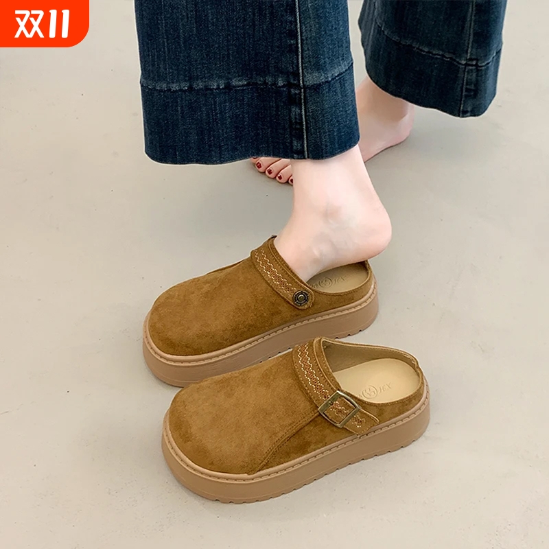 女士软底厚底半拖鞋勃肯鞋增高包头外穿2025新款博肯单鞋棕色百搭