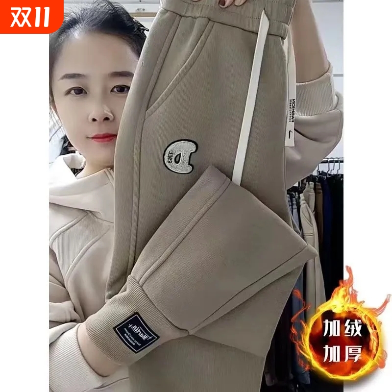 大码爆款女士裤子运动卫裤秋冬季休闲显瘦直筒九分哈伦束脚裤加绒