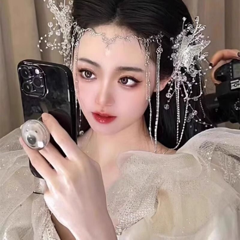新娘头饰仙气眉心坠蝴蝶结流苏珍珠发夹女仙美森系水晶流苏发饰品