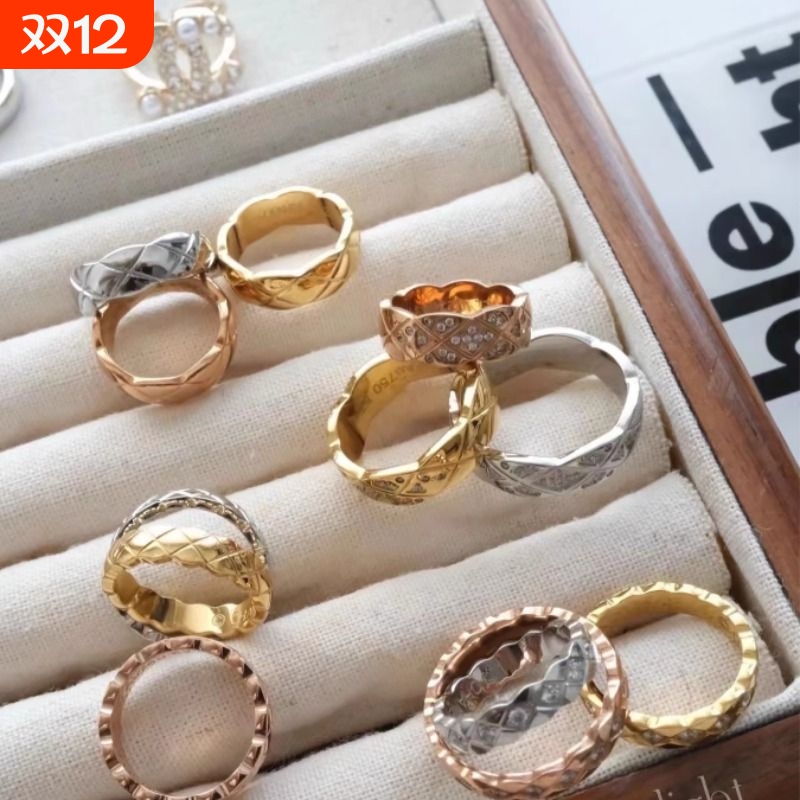 菱格纹coco戒指女小众百搭叠戴情侣对戒宽版窄指环小香风高级素感