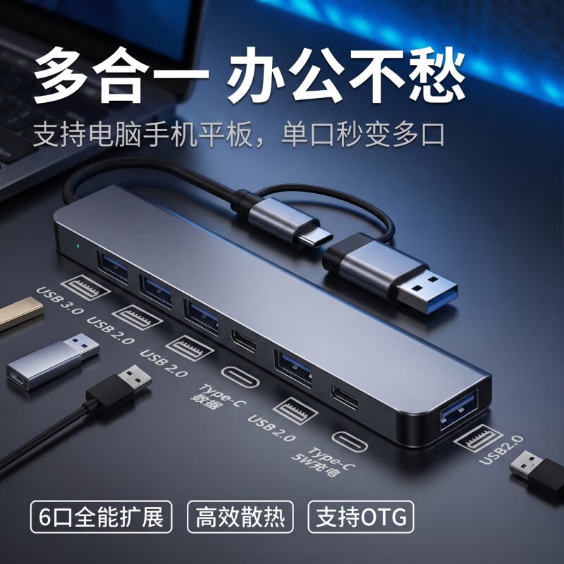 扩展器拓展坞USB多口扩展坞typec笔记本电脑u盘转换接口插头延长集分线器供电直插四合一充电双头连接
