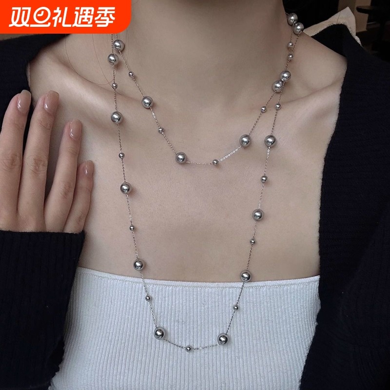 925纯银满天星水晶双层多层叠戴长款珍珠项链女轻奢2025新款颈