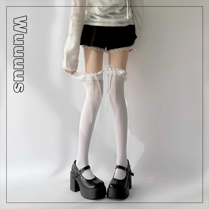 lolita白丝过膝袜女蝴蝶结蕾丝袜子春夏洛丽塔花边黑色奶白大腿