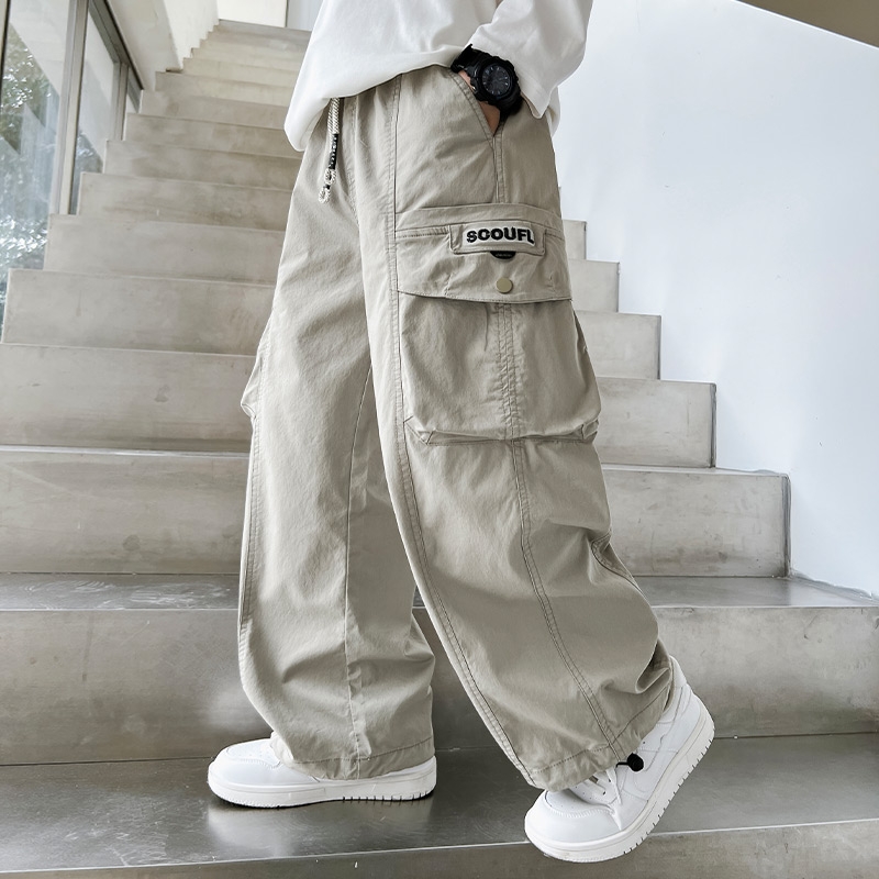 儿童装男童秋装工装裤子春秋款2025新款秋季长裤潮黑色帅气松紧腰