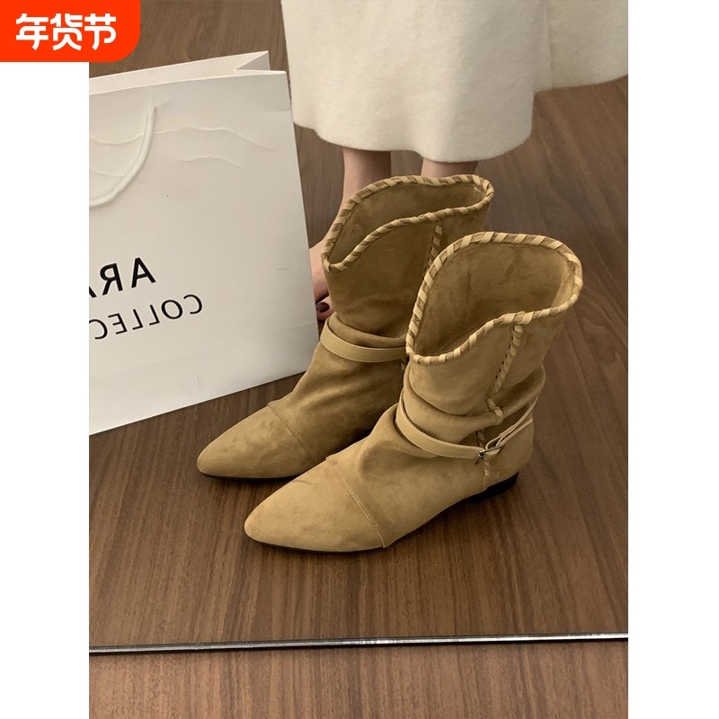 复古磨砂皮尖头褶皱堆堆靴子2025新款单靴内增高短筒西部牛仔靴女,女鞋,时装靴,淘宝优惠券,粉丝福利购,淘宝优惠卷