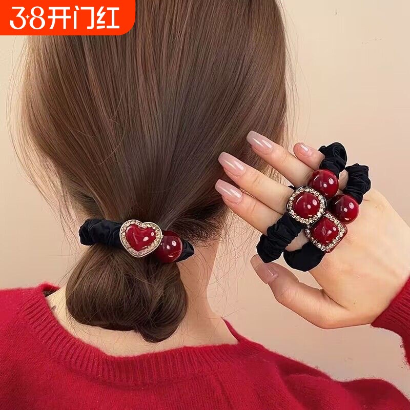 韩版高档红色爱心小肠发圈女网红扎丸子头马尾发绳2025年新款头饰