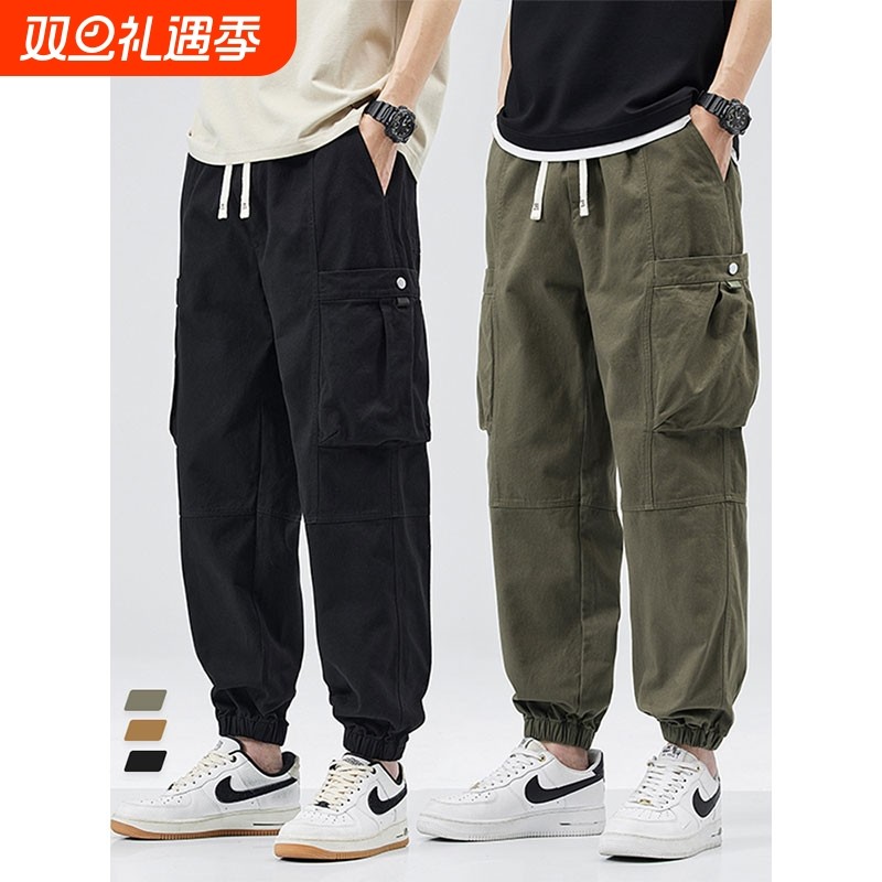 美式复古工装裤男士春秋新款多口袋束脚裤子大码宽松小脚休闲长裤