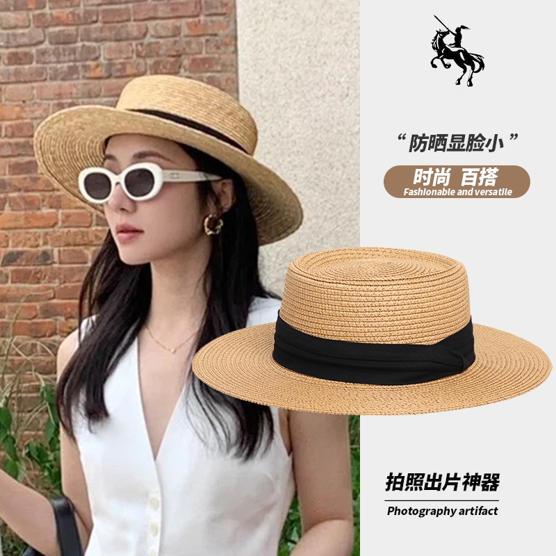权志龙同款草帽平顶草帽英伦海边平檐遮阳宽檐沙滩度假遮阳帽礼帽