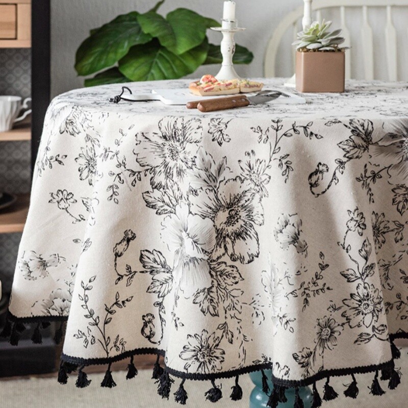 美式碎花田园高级感法式棉麻流苏餐桌布ins小圆桌茶几文艺台布