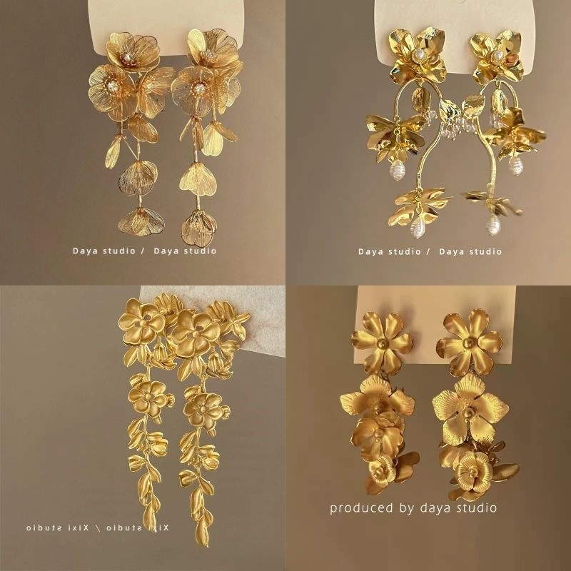 纸醉金迷法式复古金属花朵流苏耳环高级感小众精致气质耳夹轻奢