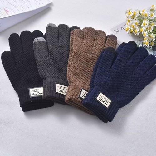 可触屏毛线手套秋冬季男情侣学生骑行加绒加厚简约风针织保暖手套