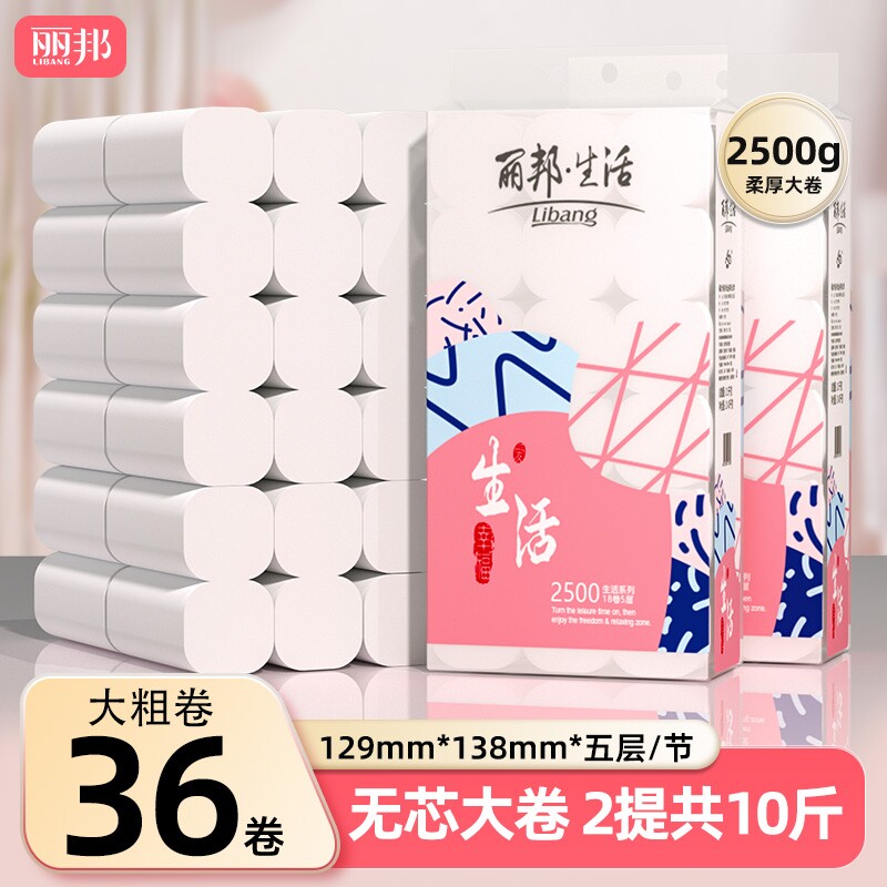 丽邦卷纸10斤36大卷卫生纸家用实惠装无芯卷筒纸厕所纸巾厕纸手纸