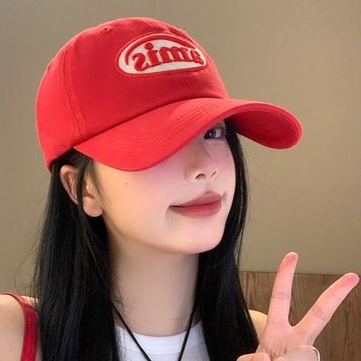 红色棒球帽女夏季百搭大头围显脸小显白字母软顶帽子潮遮阳鸭舌帽
