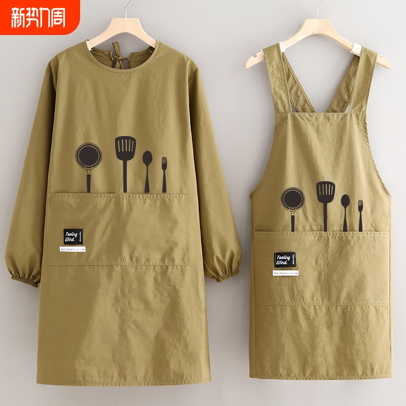 时尚罩衣长袖做饭围裙厨房家用围腰上班餐饮工作服成人耐脏耐磨
