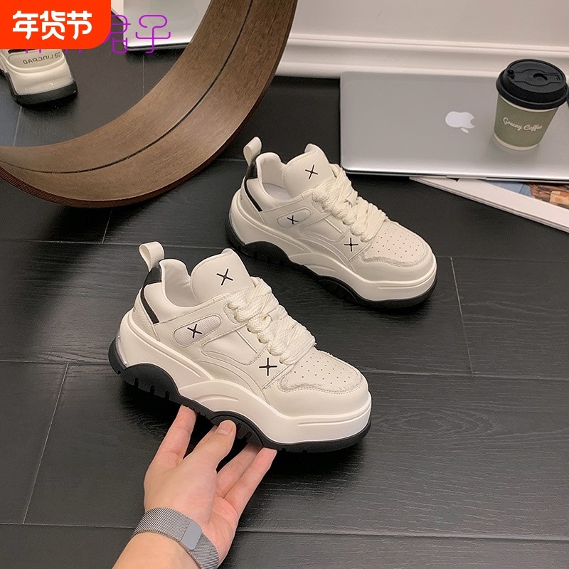 真皮小白鞋女小个子厚底增高6CM2026年新款设计感兔耳朵百搭板鞋,女鞋,休闲板鞋,淘宝优惠券,粉丝福利购,淘宝优惠卷