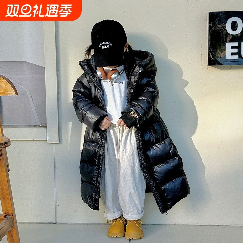 鸭鸭时尚冬季新款儿童黑金羽丝绒丝服中长款男女加厚过膝保暖外套
