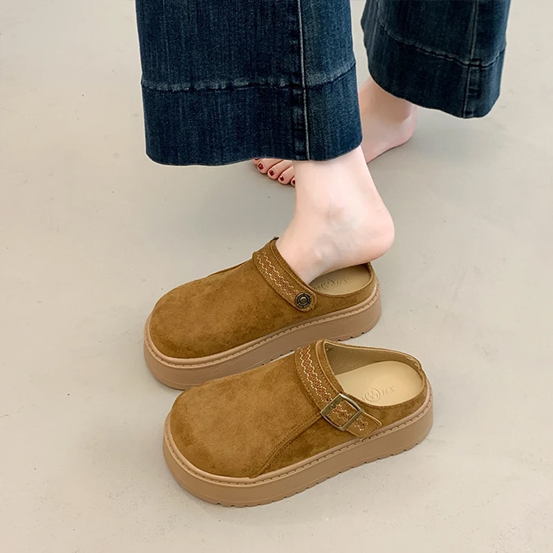 女士软底厚底半拖鞋勃肯鞋增高包头外穿2025新款博肯单鞋棕色百搭