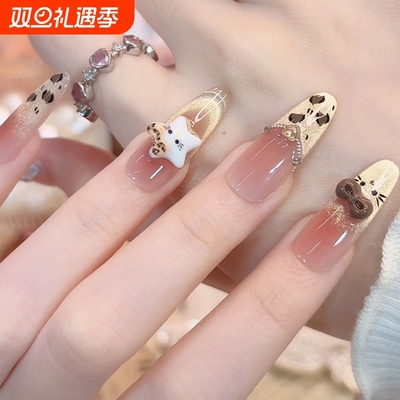 气质豹纹纯欲穿戴甲2025新款高级感中长款秋冬季轻奢黄色显白美甲