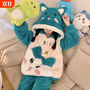 女士睡衣秋冬天珊瑚绒加厚加绒卡通连帽法兰绒保暖大码 家居服套装
