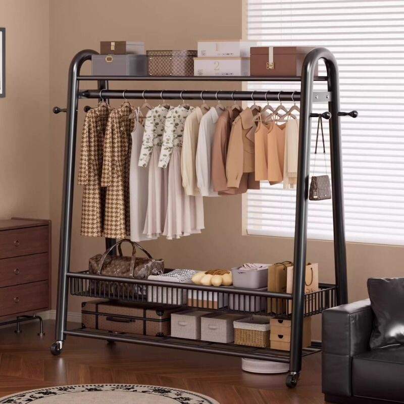 落地简易家用阳台衣帽杆房间卧室内挂衣服收纳架子衣架客厅奶油