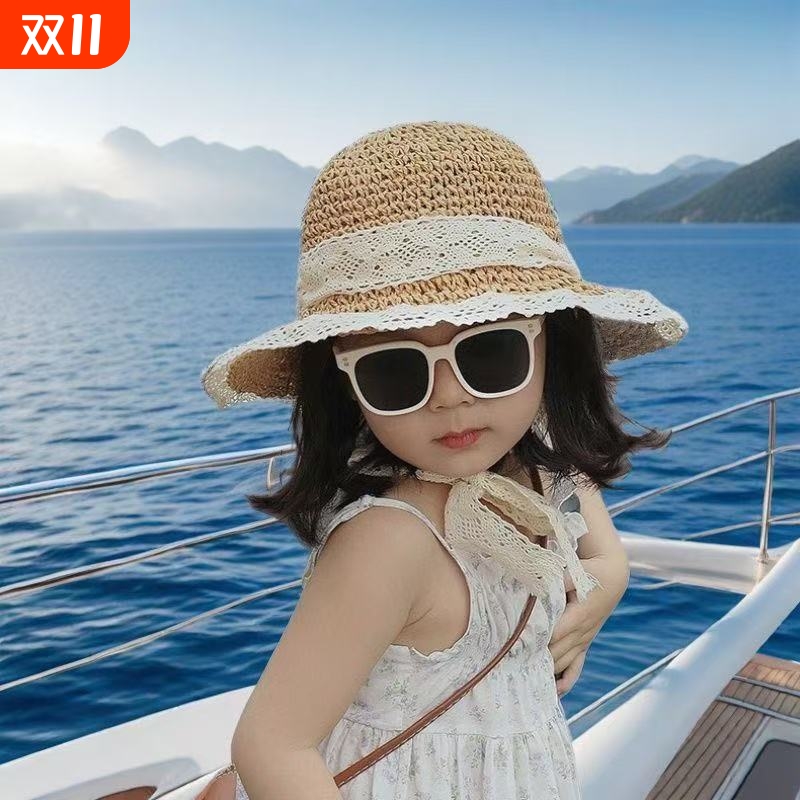 儿童帽子女童草帽夏季女孩夏天女宝防晒渔夫帽透气宝宝沙滩遮阳帽