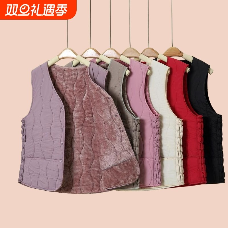 2025中老年女士羽绒棉马甲妈妈加绒内穿短款保暖坎肩V领背心开衫