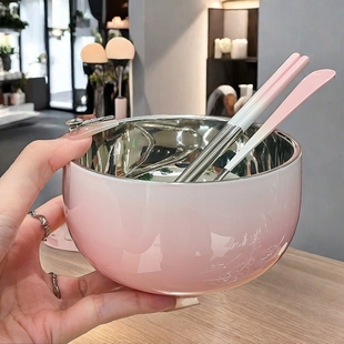 高颜值女生碗双层防烫食品级个人专用渐变碗 不锈钢碗家用2025新款
