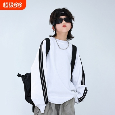 男童长袖卫衣秋季2025新款儿童男孩圆领中大童秋装潮紫色条纹白色