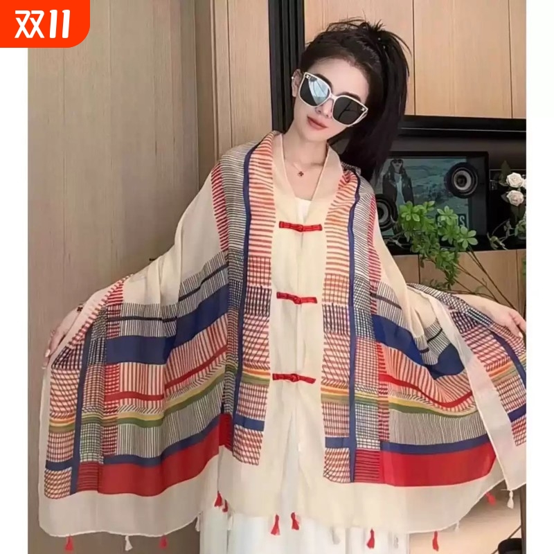 民族风披肩复古盘扣防晒披肩罩衫百搭纱巾防风防沙百搭旅游围巾