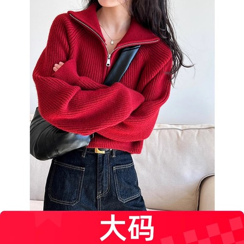 长袖上衣女半拉链高领毛衣秋冬大码纯色针织衫女设计感小众高级感
