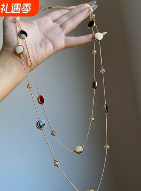 【琥珀流光】中古vintage双层虎眼色串珠项链长款毛衣链颈链配饰